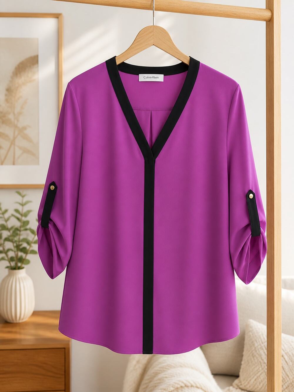 Calvin Klein Purple Black Trim Blouse Roll Tab Sleeve Top M